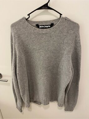 Palm Angels Men's Intarsia Curved Logo Light Grey Melange Sweater